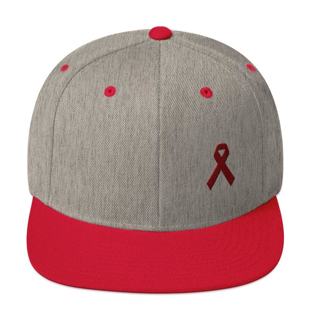 Multiple Myeloma Awareness Flat Brim Snapback Hat with Burgundy Ribbon