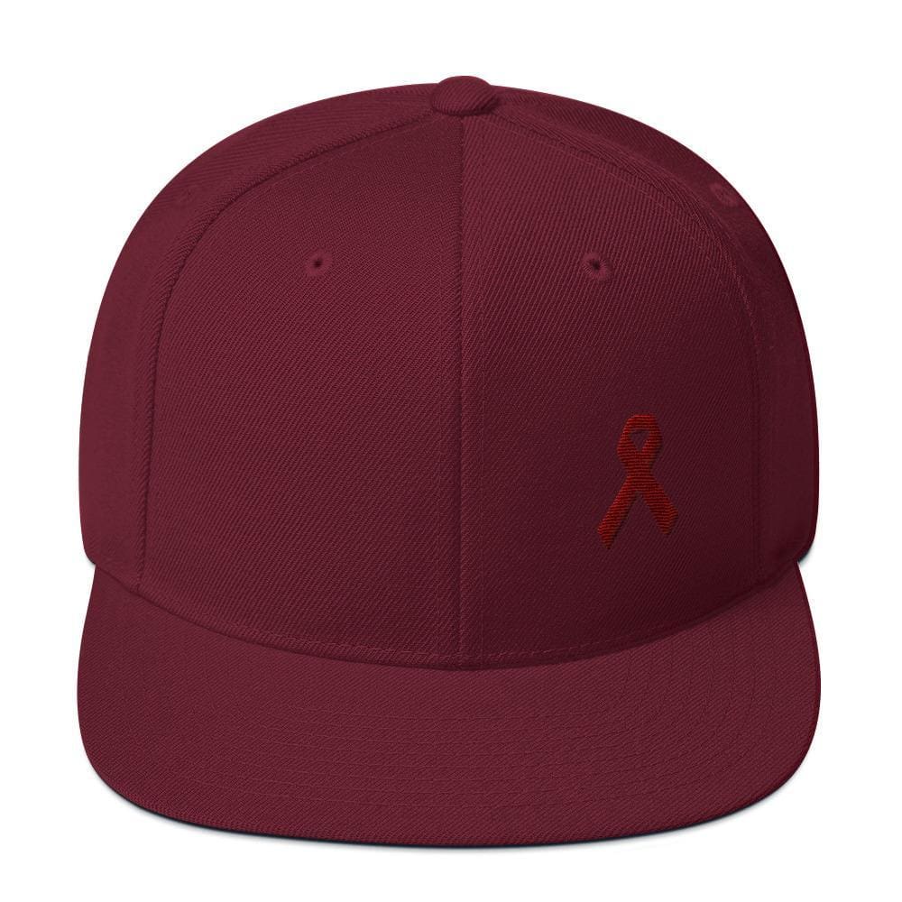 Multiple Myeloma Awareness Flat Brim Snapback Hat with Burgundy Ribbon