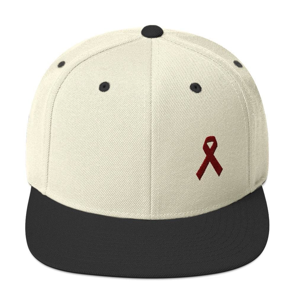 Multiple Myeloma Awareness Flat Brim Snapback Hat with Burgundy Ribbon