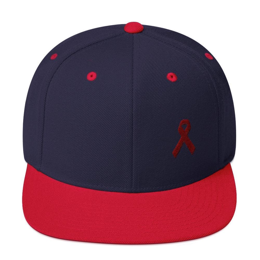Multiple Myeloma Awareness Flat Brim Snapback Hat with Burgundy Ribbon
