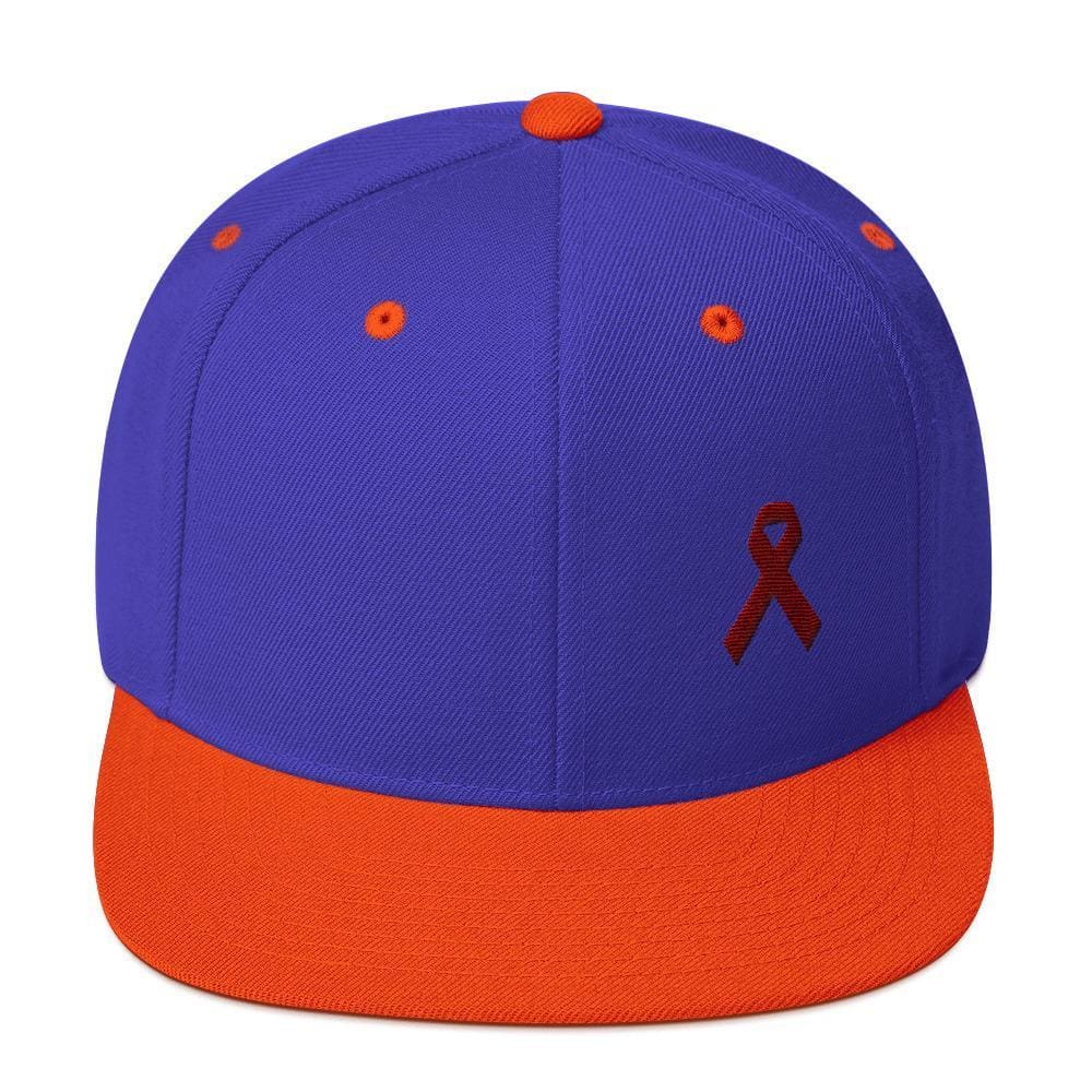 Multiple Myeloma Awareness Flat Brim Snapback Hat with Burgundy Ribbon