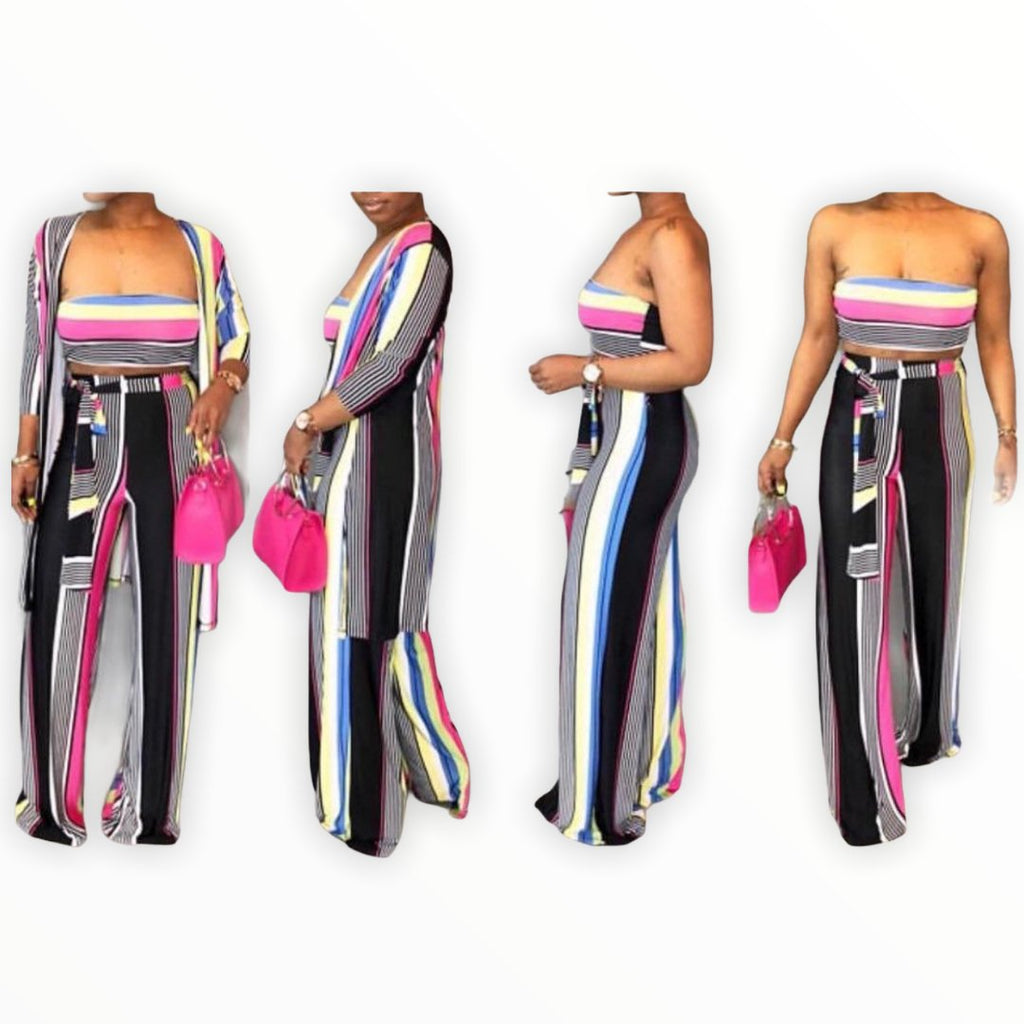 New Sexy Stripe 3 Piece Wide Leg Pant Set