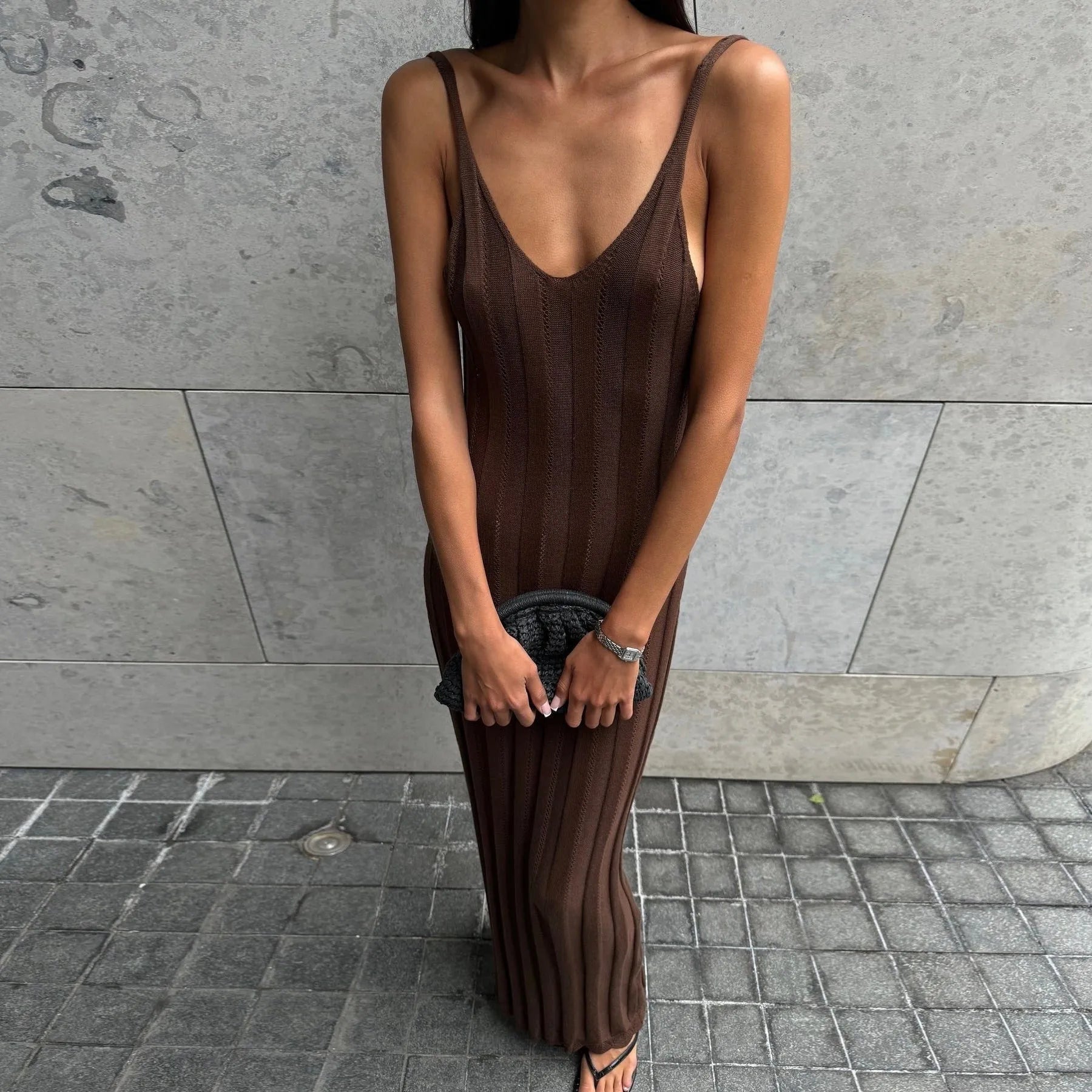 Nyx Brown Knitted Backless Maxi Dress