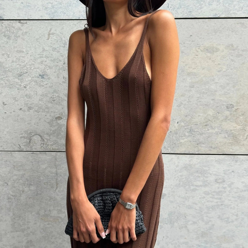 Nyx Brown Knitted Backless Maxi Dress