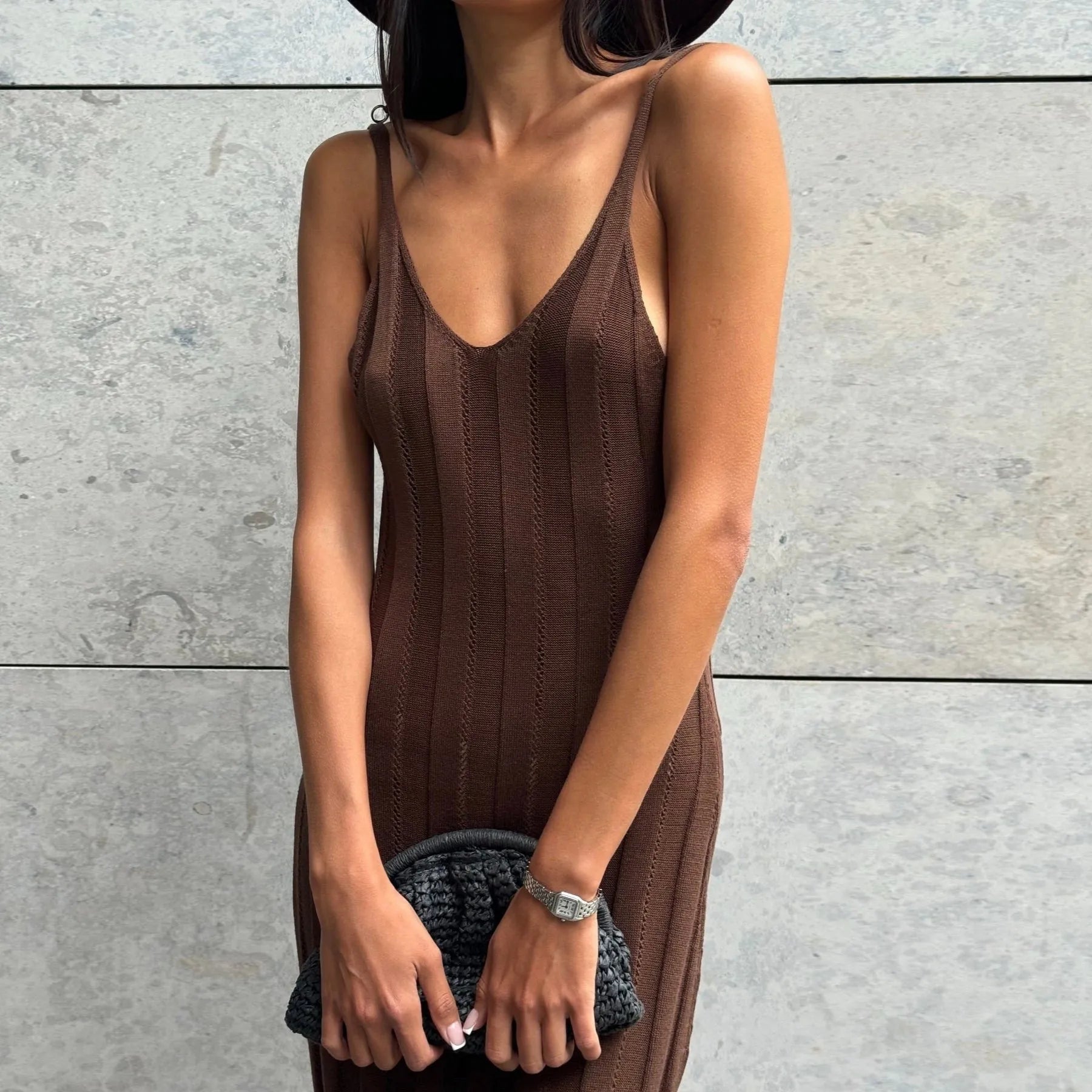 Nyx Brown Knitted Backless Maxi Dress