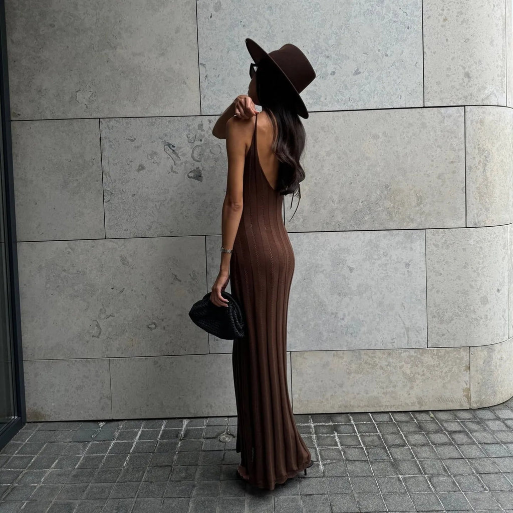 Nyx Brown Knitted Backless Maxi Dress