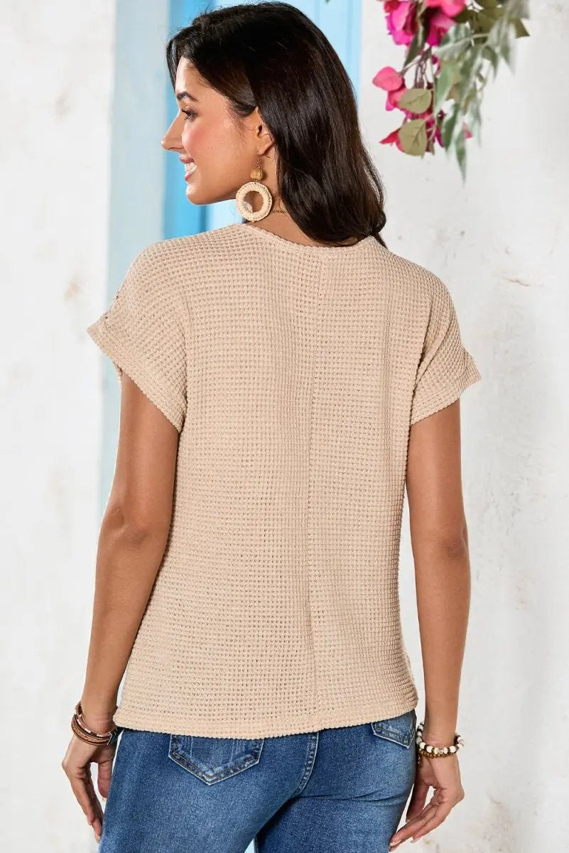 Women's Waffle Knit Tee Waffle Knit Tee - Soft & Casual - Oatmeal Lace Top