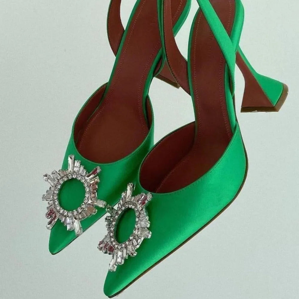 Obsessed Pointed Toe Crystal Brooch Green Heels