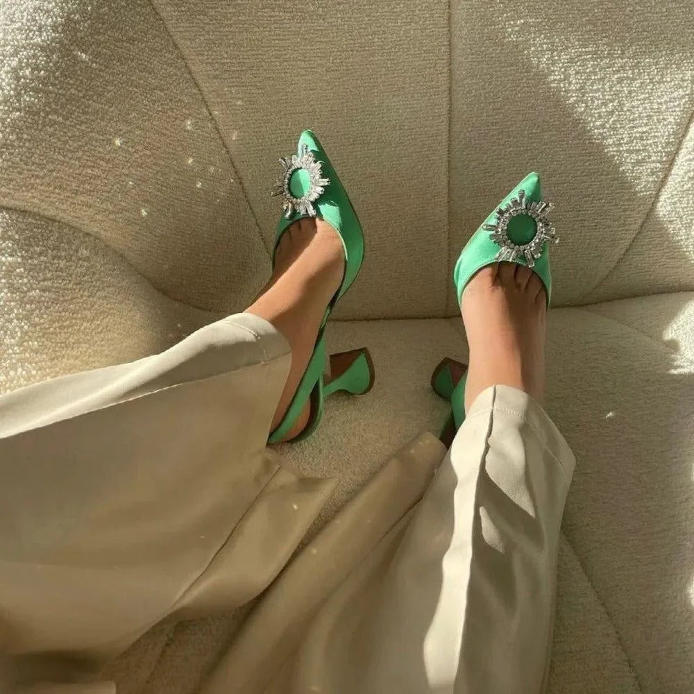 Obsessed Pointed Toe Crystal Brooch Light Green Heels