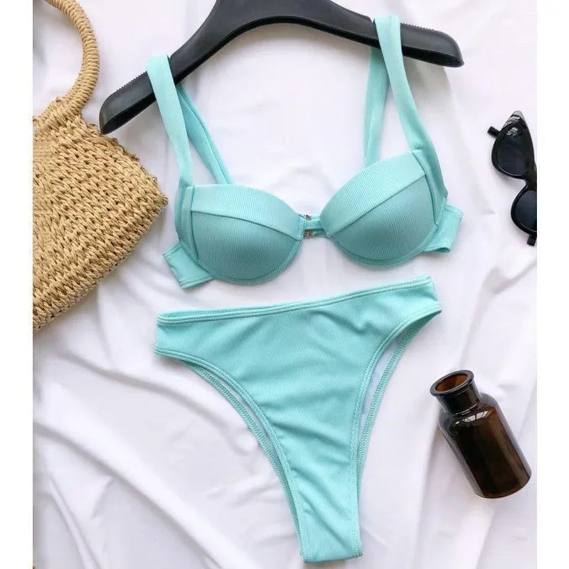 Oceana Rib Underwire High Waisted Light Blue Bikini