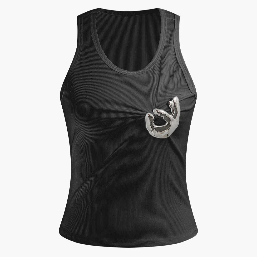 OK Emoji Black Embellished Cotton Tank Top