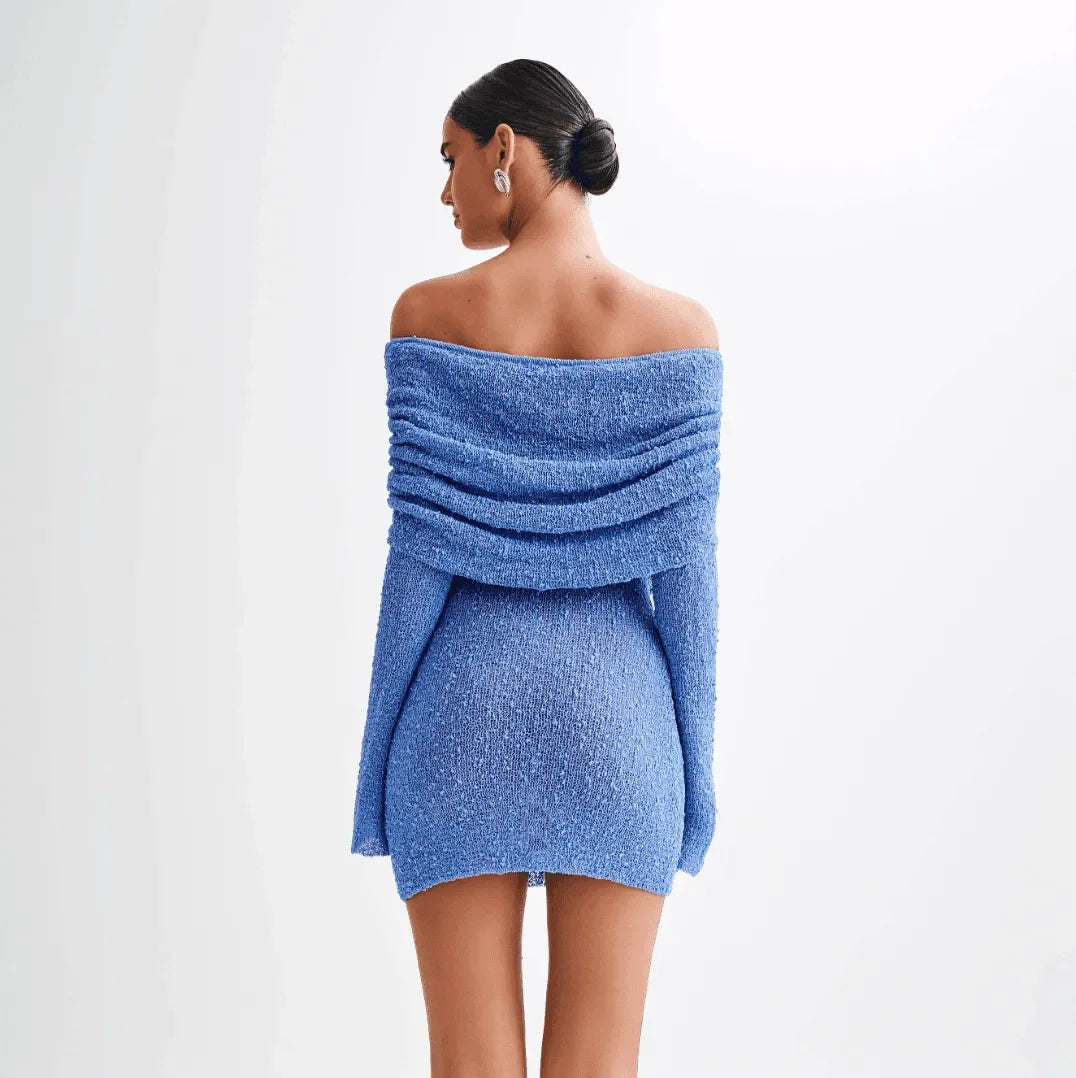One Kiss Off-Shoulder Blue Boucle Mini Dress