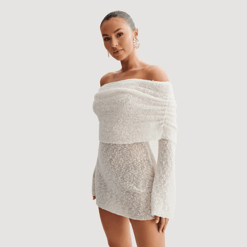 One Kiss Off-Shoulder White Boucle Mini Dress