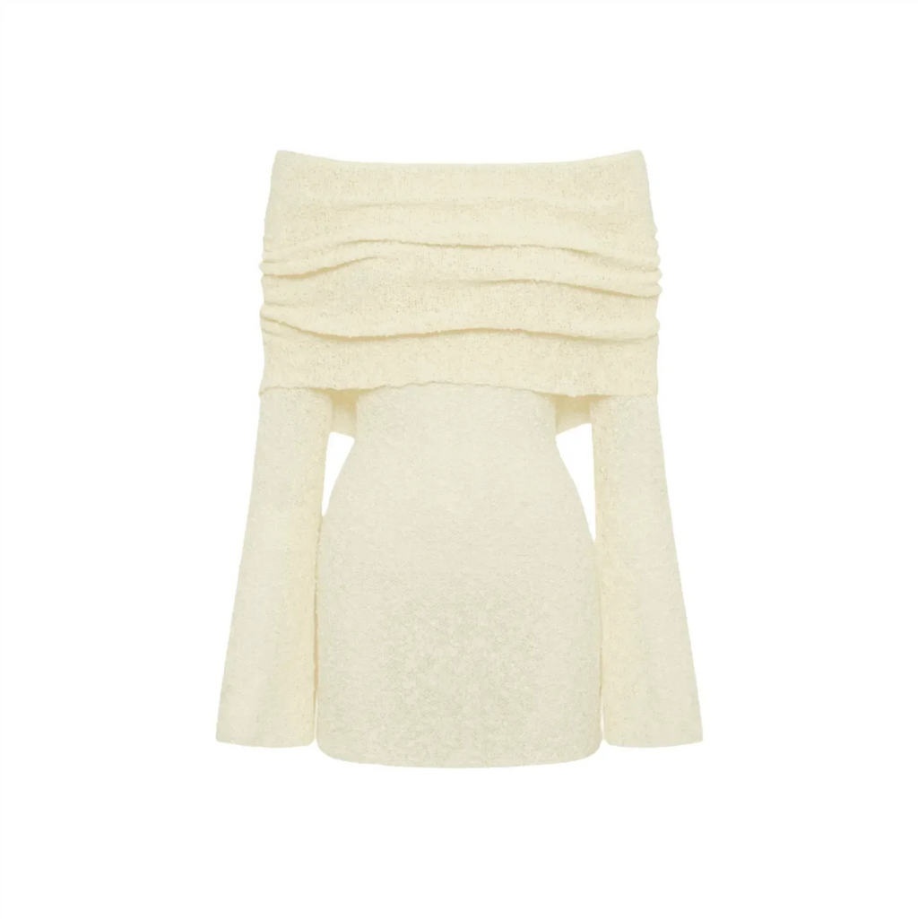 One Kiss Off-Shoulder White Boucle Mini Dress