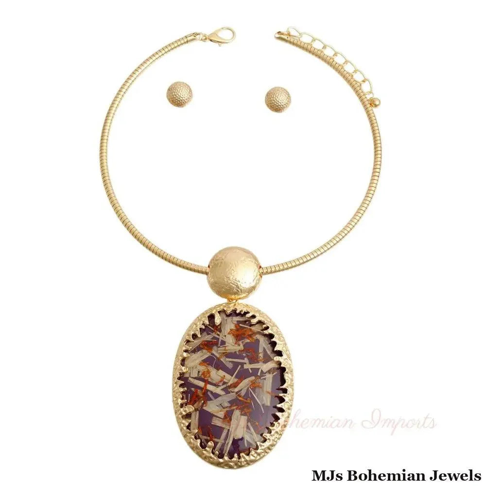Oval Purple Confetti Gold Collar Necklace