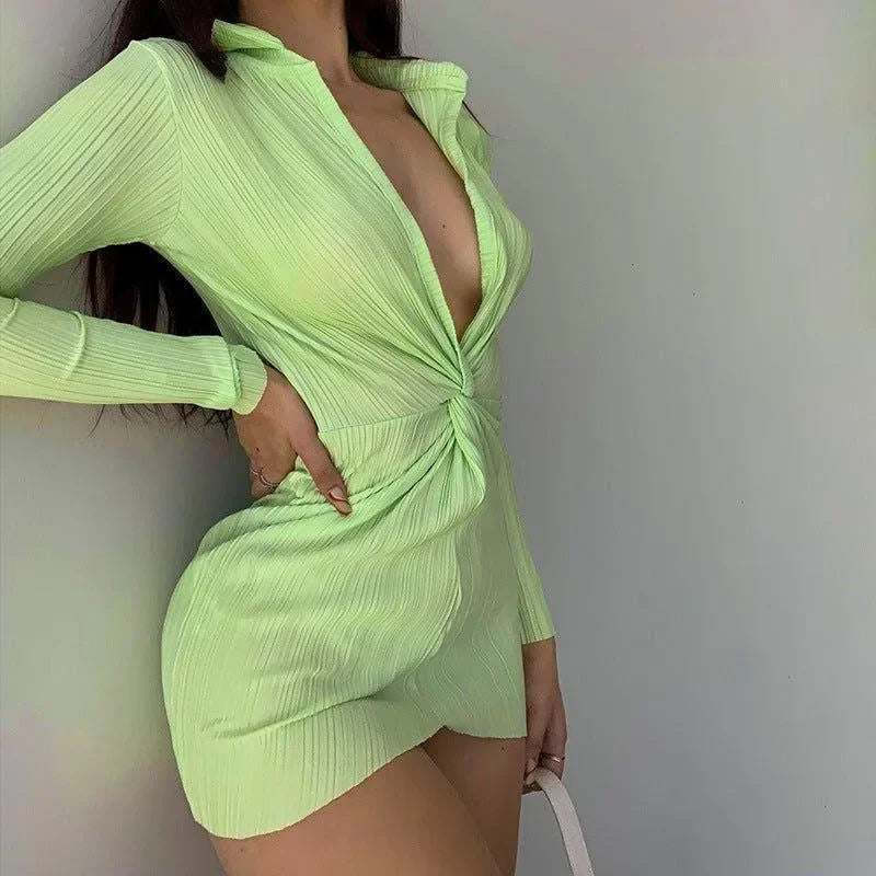 Palm Ribbed Deep-V Light Green Mini Dress with Twist