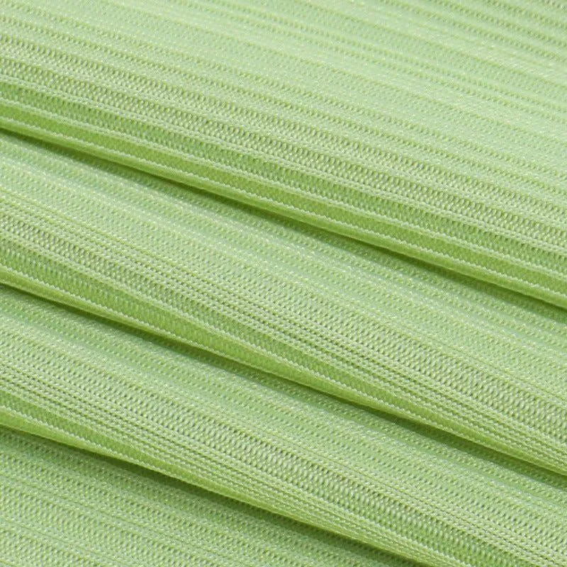 Palm Ribbed Deep-V Light Green Mini Dress with Twist