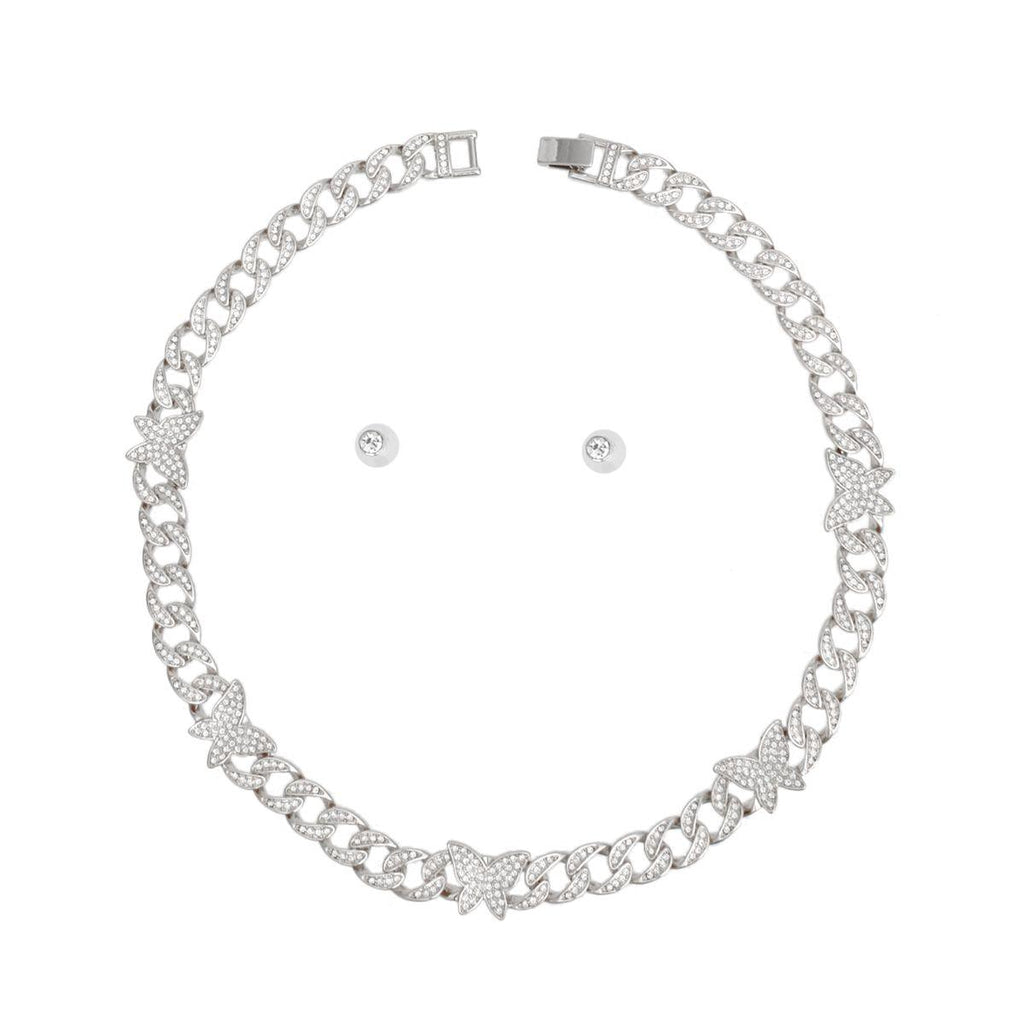Chain Feminine Flair Iced Silver Butterfly Necklace
