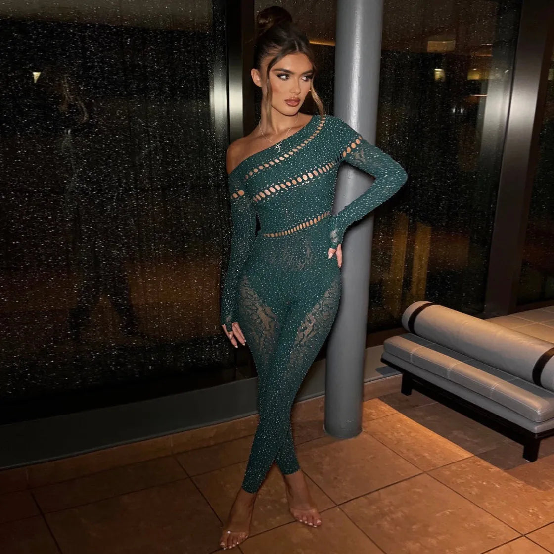 Perfectly Imperfect Rhinestone Embellished Dark Green Jumpsuit