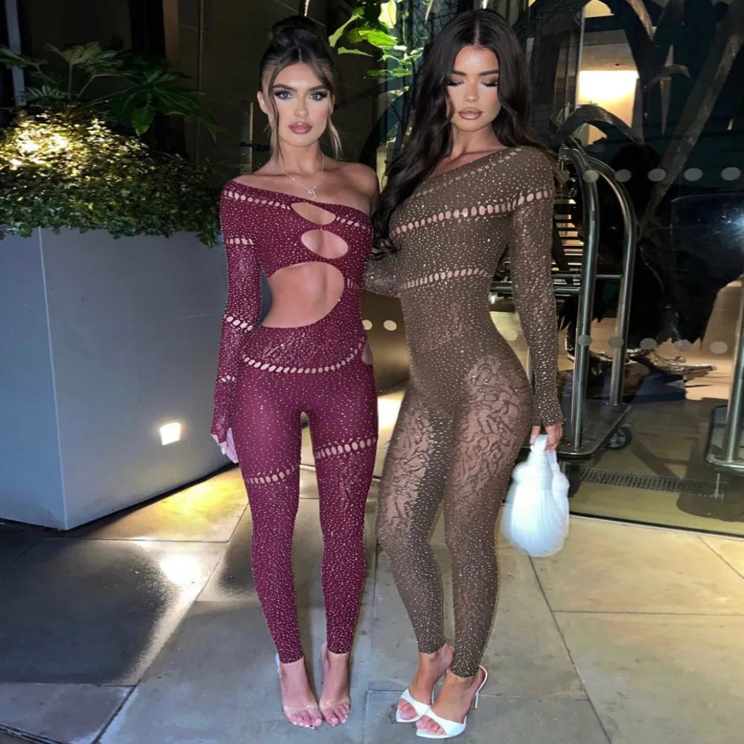 Perfectly Imperfect Rhinestone Embellished Brown Jumpsuit