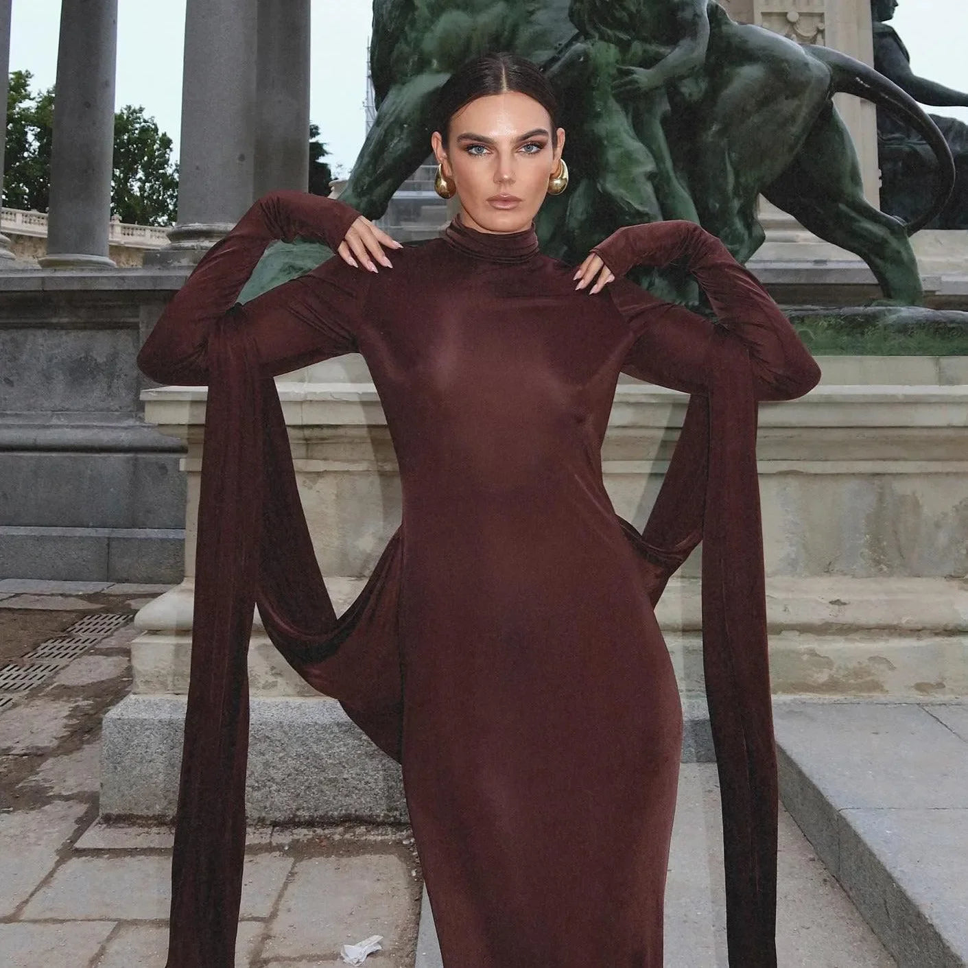 Playing Games Brown Long Sleeve Maxi Dress