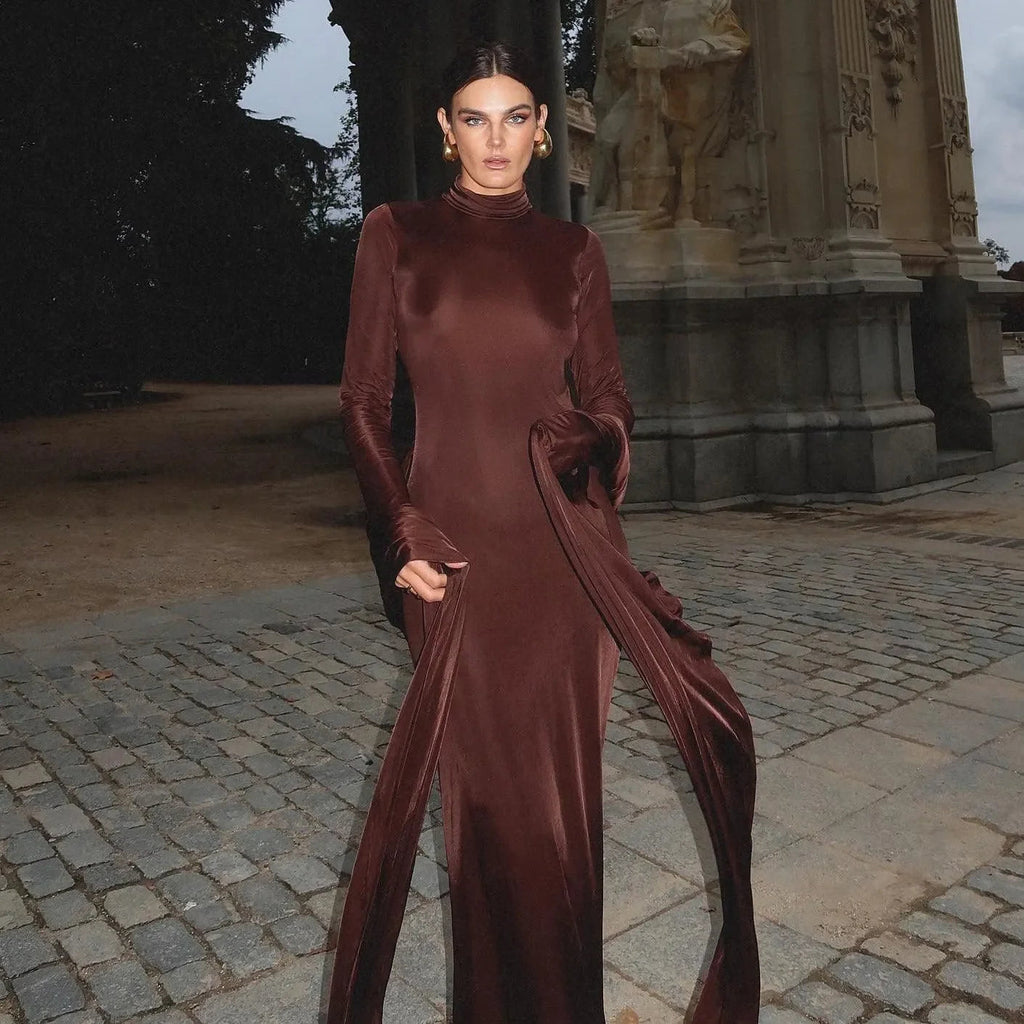 Playing Games Brown Long Sleeve Maxi Dress