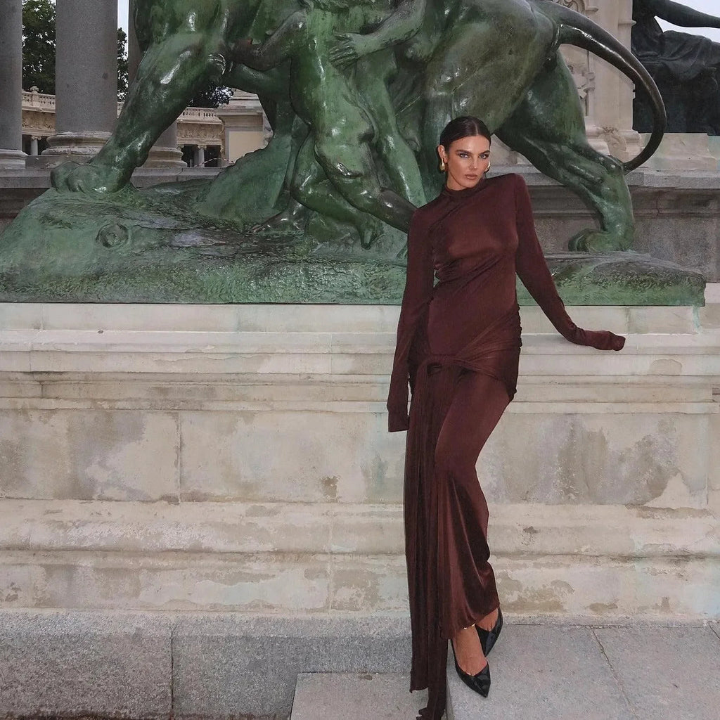 Playing Games Brown Long Sleeve Maxi Dress