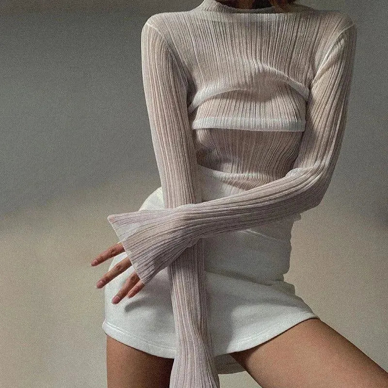 Presley White Sheer Mesh Mock Neck Frill Hem Top