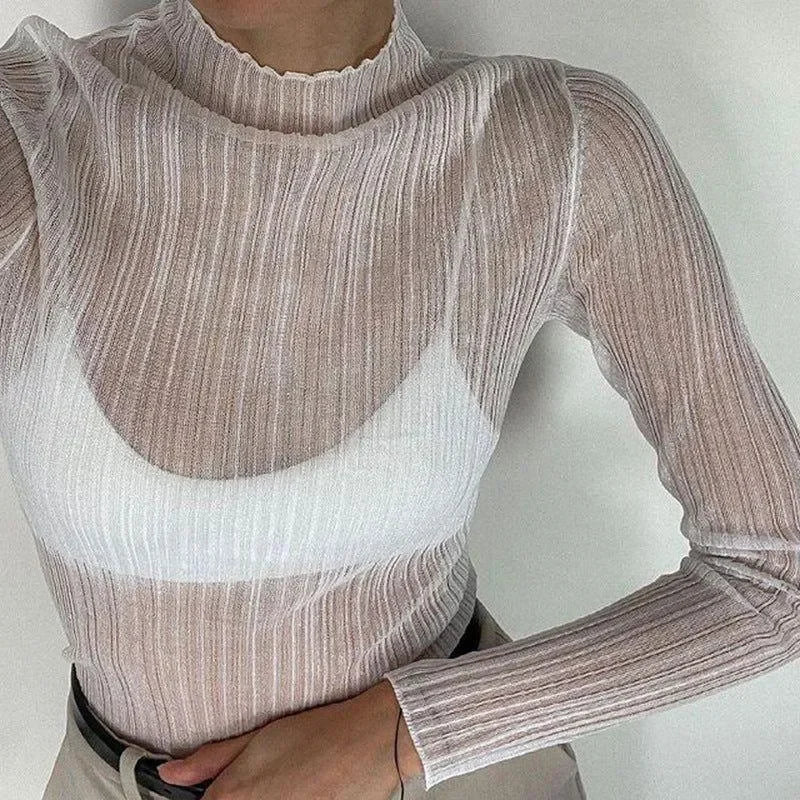 Presley White Sheer Mesh Mock Neck Frill Hem Top