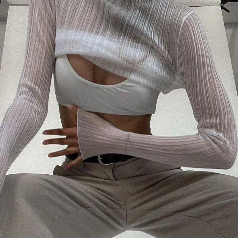 Presley White Sheer Mesh Mock Neck Frill Hem Top