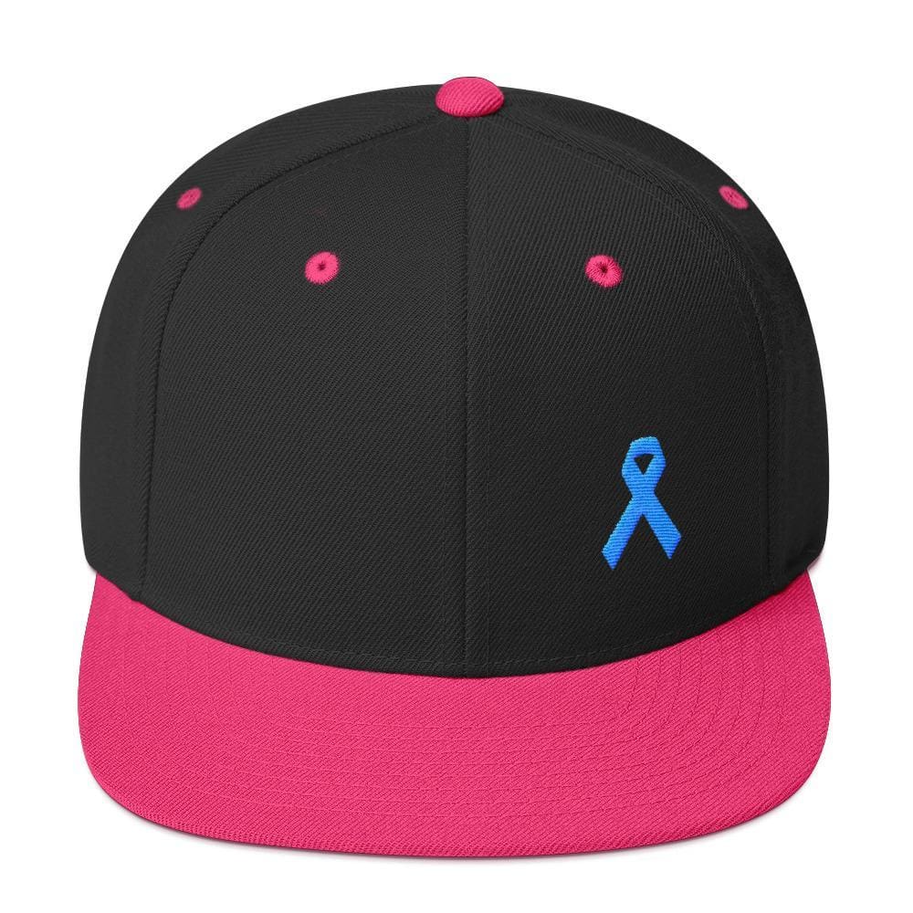 Prostate Cancer Awareness Flat Brim Snapback Hat with Light Blue Ribbon