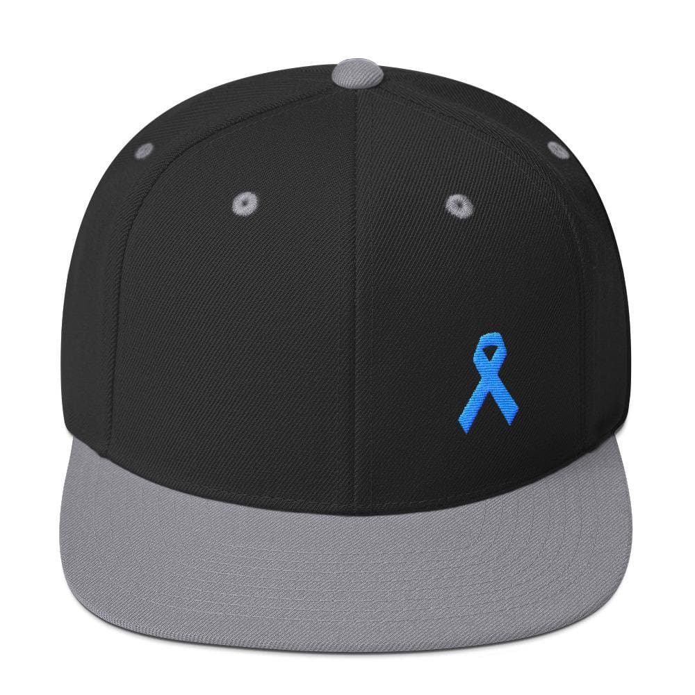 Prostate Cancer Awareness Flat Brim Snapback Hat with Light Blue Ribbon