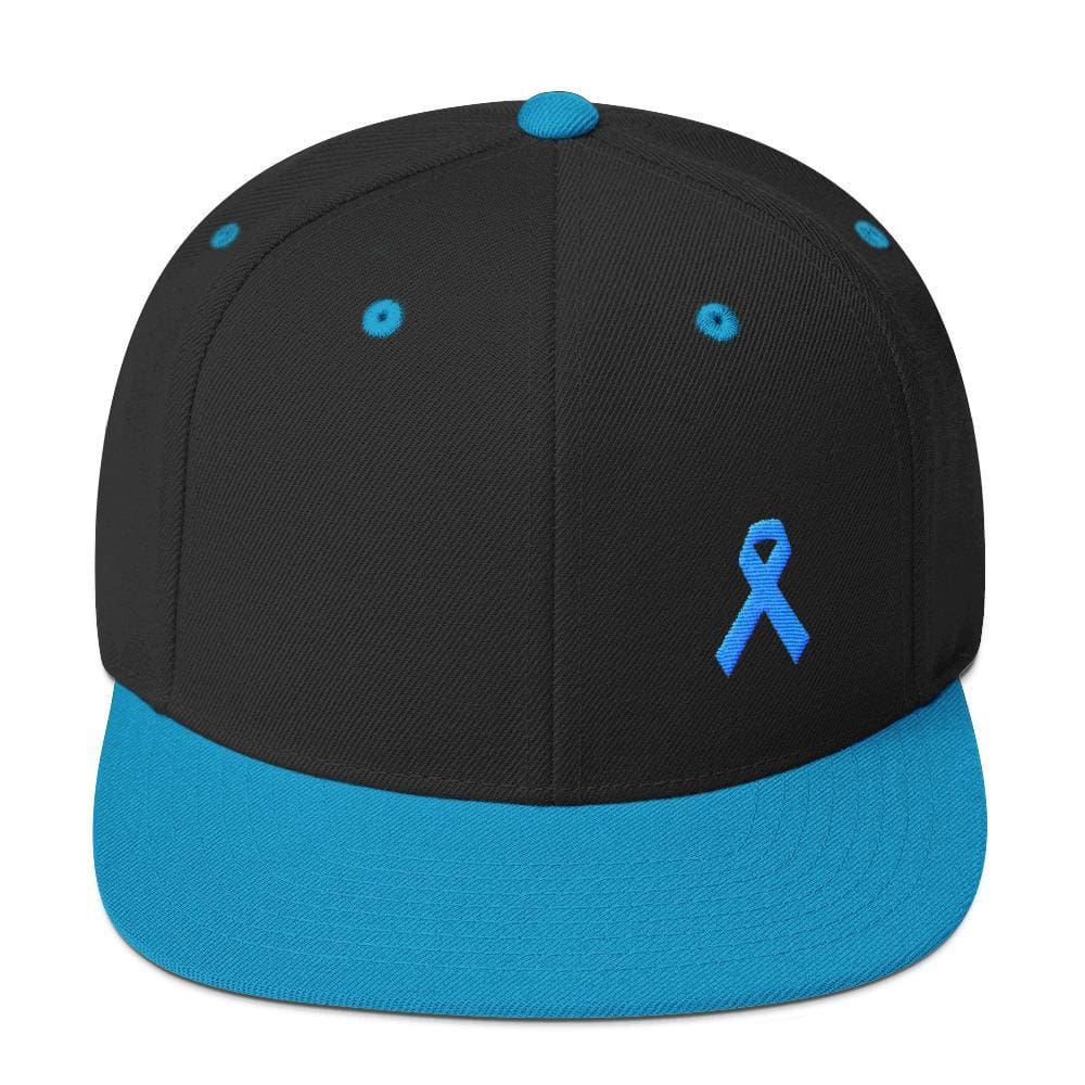 Prostate Cancer Awareness Flat Brim Snapback Hat with Light Blue Ribbon