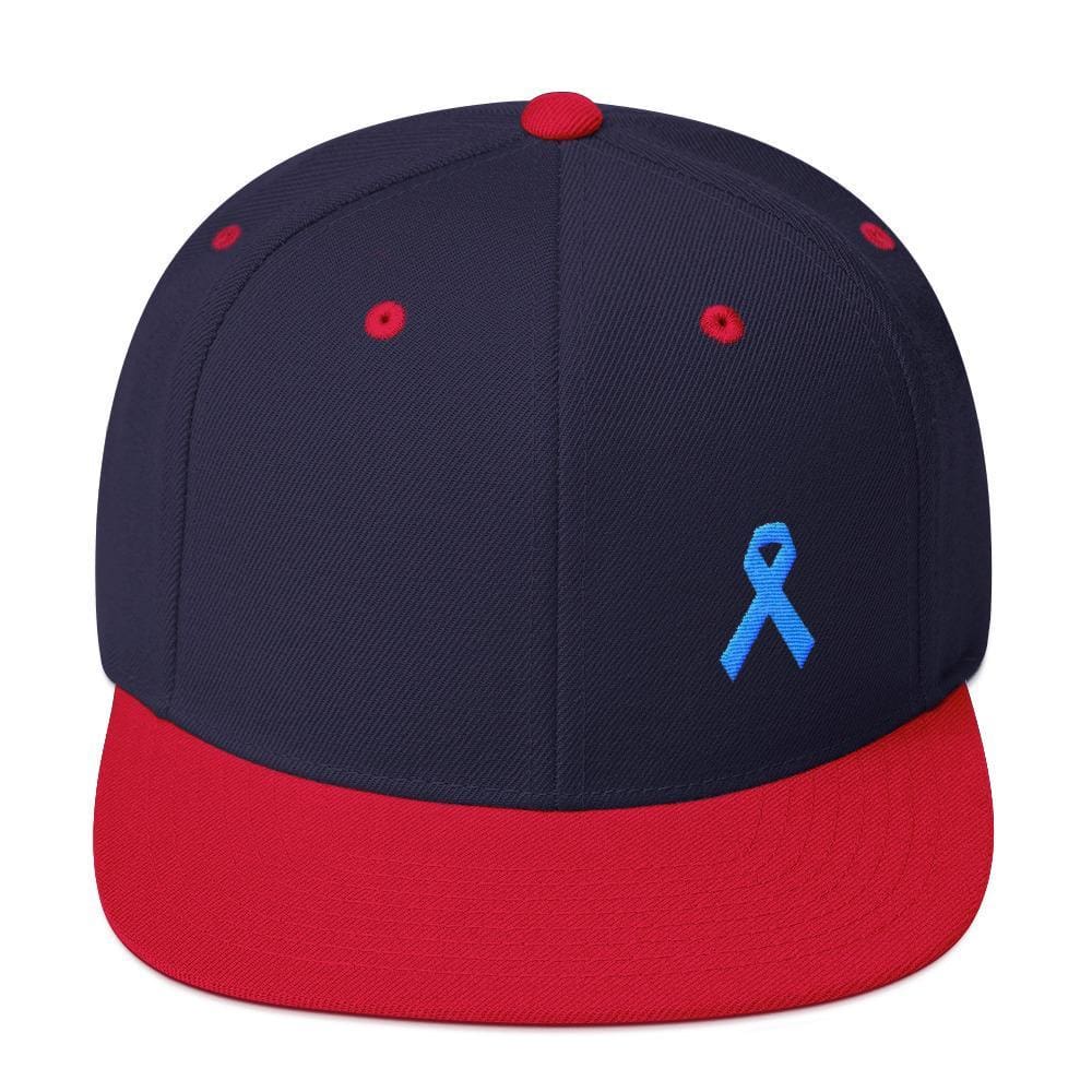 Prostate Cancer Awareness Flat Brim Snapback Hat with Light Blue Ribbon
