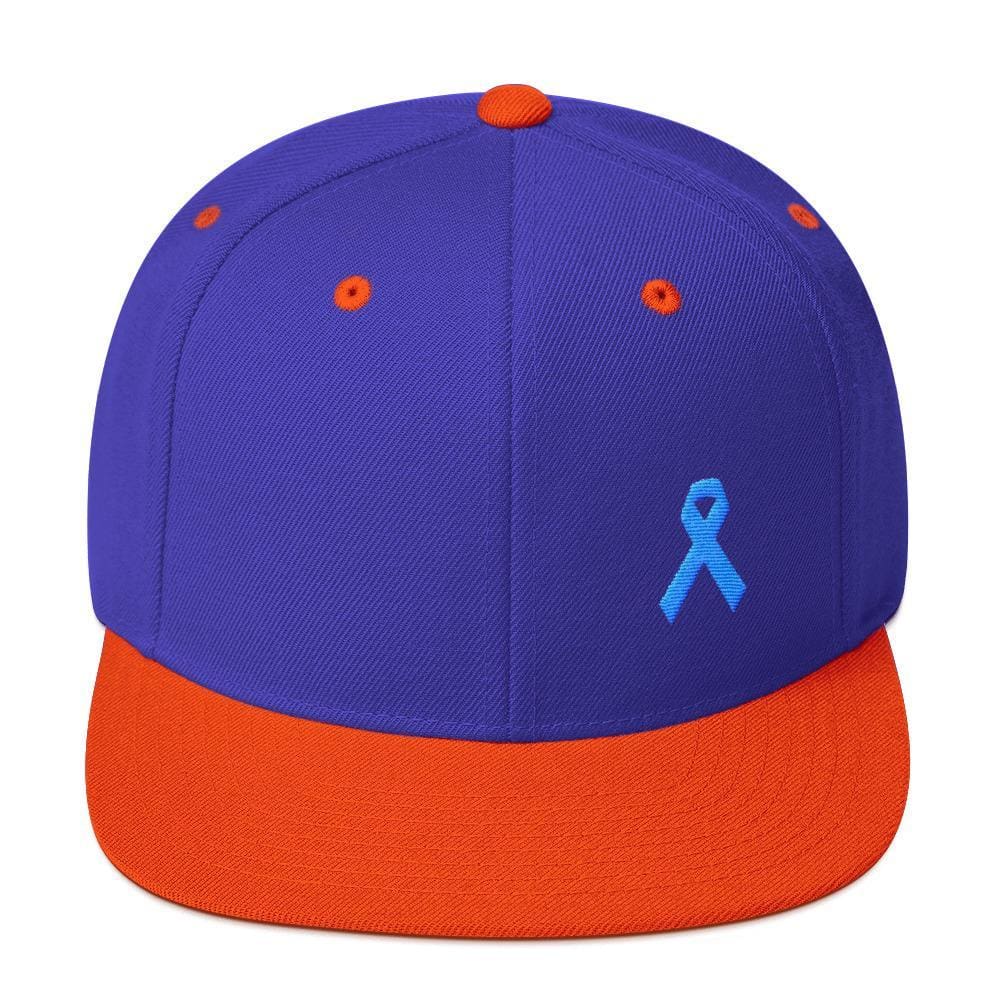 Prostate Cancer Awareness Flat Brim Snapback Hat with Light Blue Ribbon