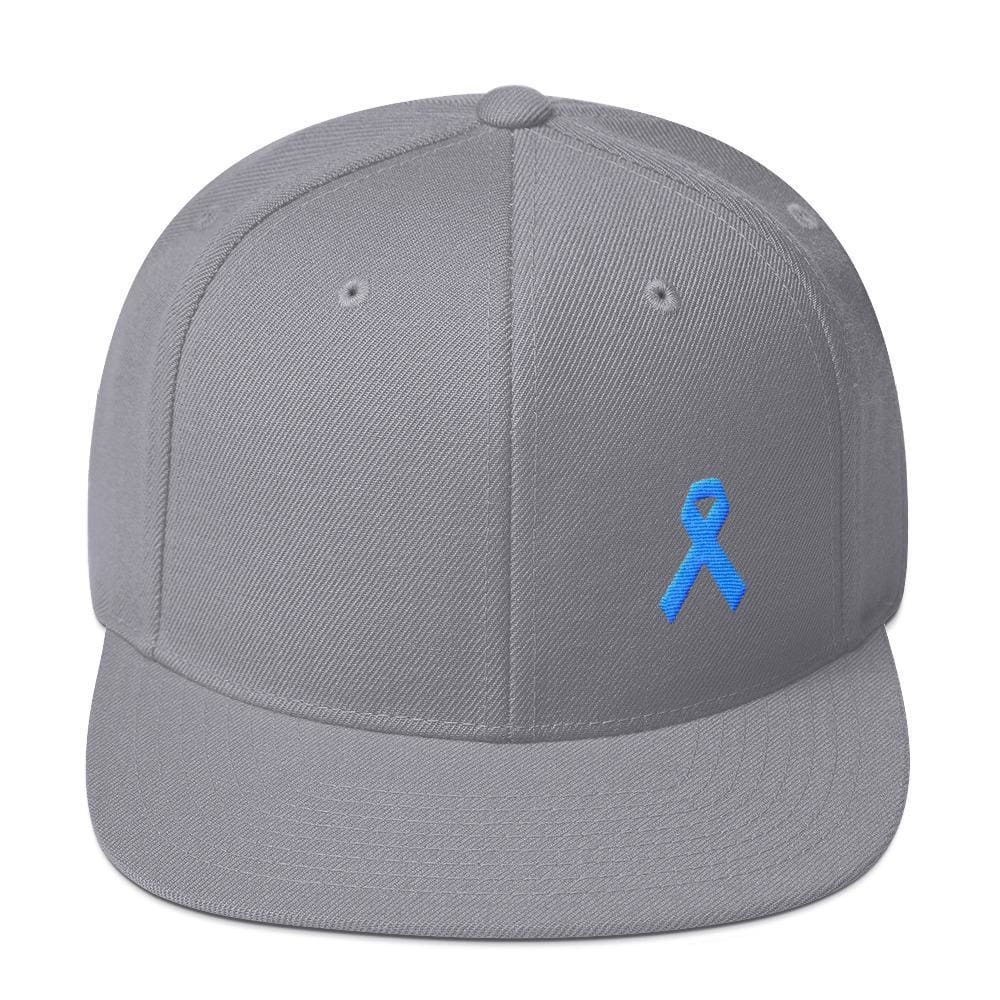 Prostate Cancer Awareness Flat Brim Snapback Hat with Light Blue Ribbon