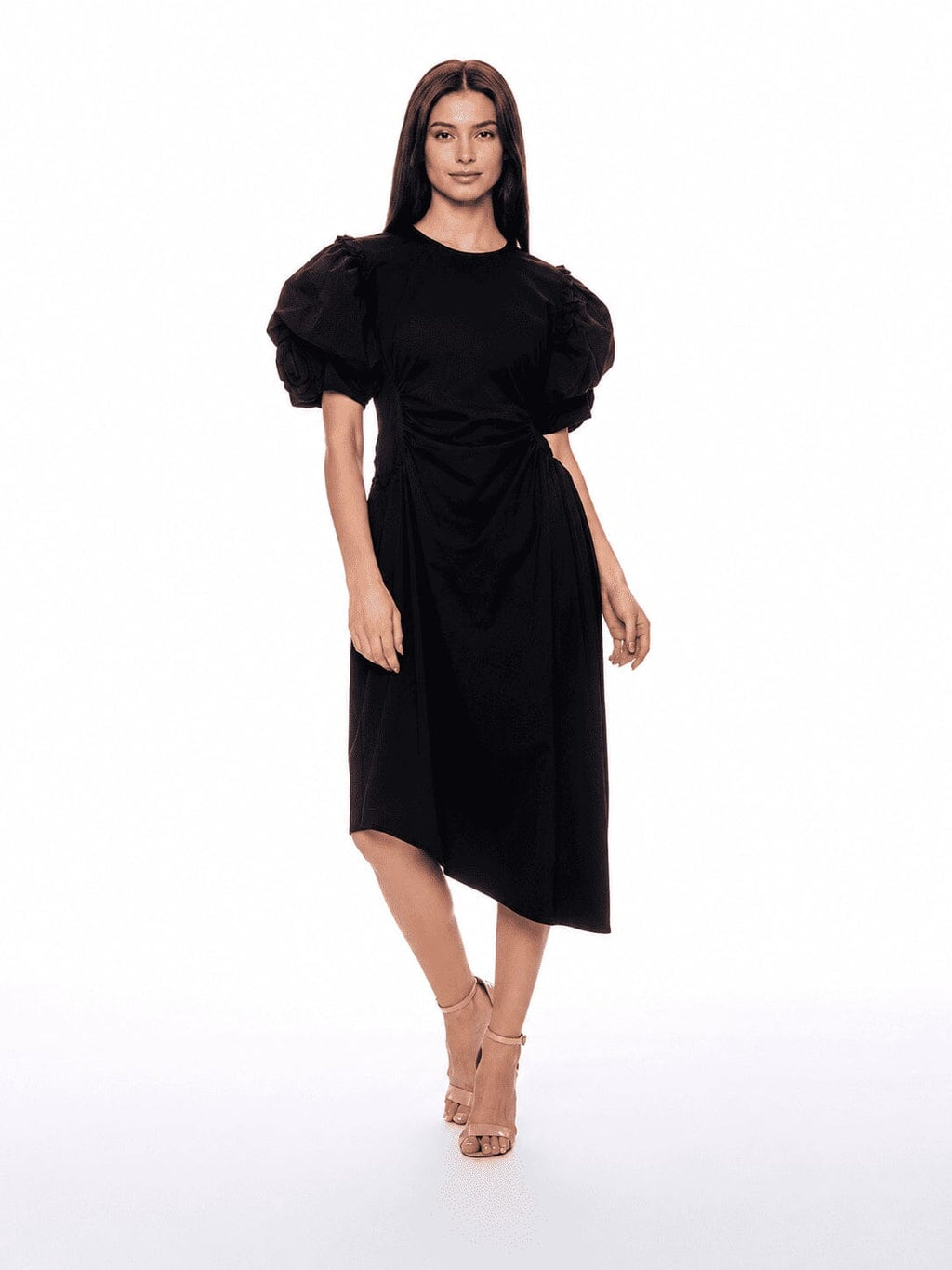 Puff Sleeve Ruched Pocketed Asymmetric Hem Dress