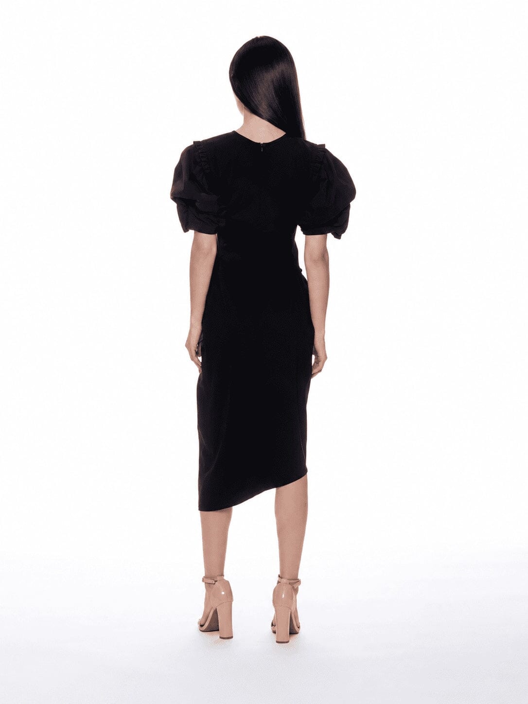Puff Sleeve Ruched Pocketed Asymmetric Hem Dress