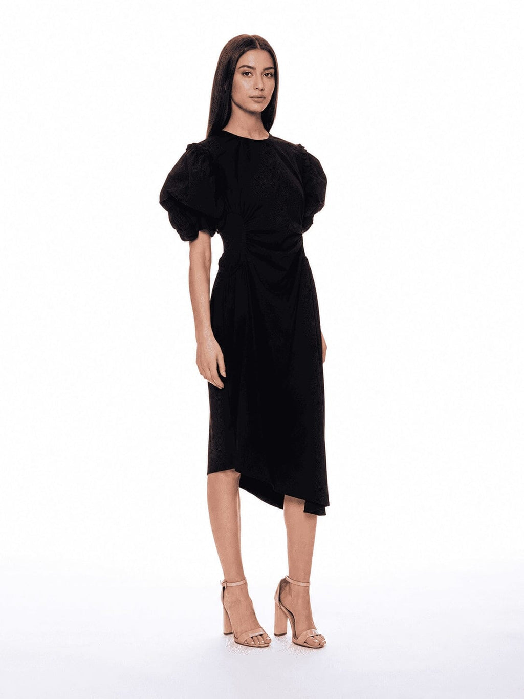 Puff Sleeve Ruched Pocketed Asymmetric Hem Dress
