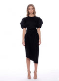 Puff Sleeve Ruched Pocketed Asymmetric Hem Dress