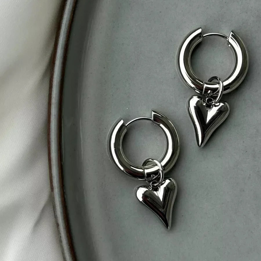 Punk Heart Pendant Silver Earrings
