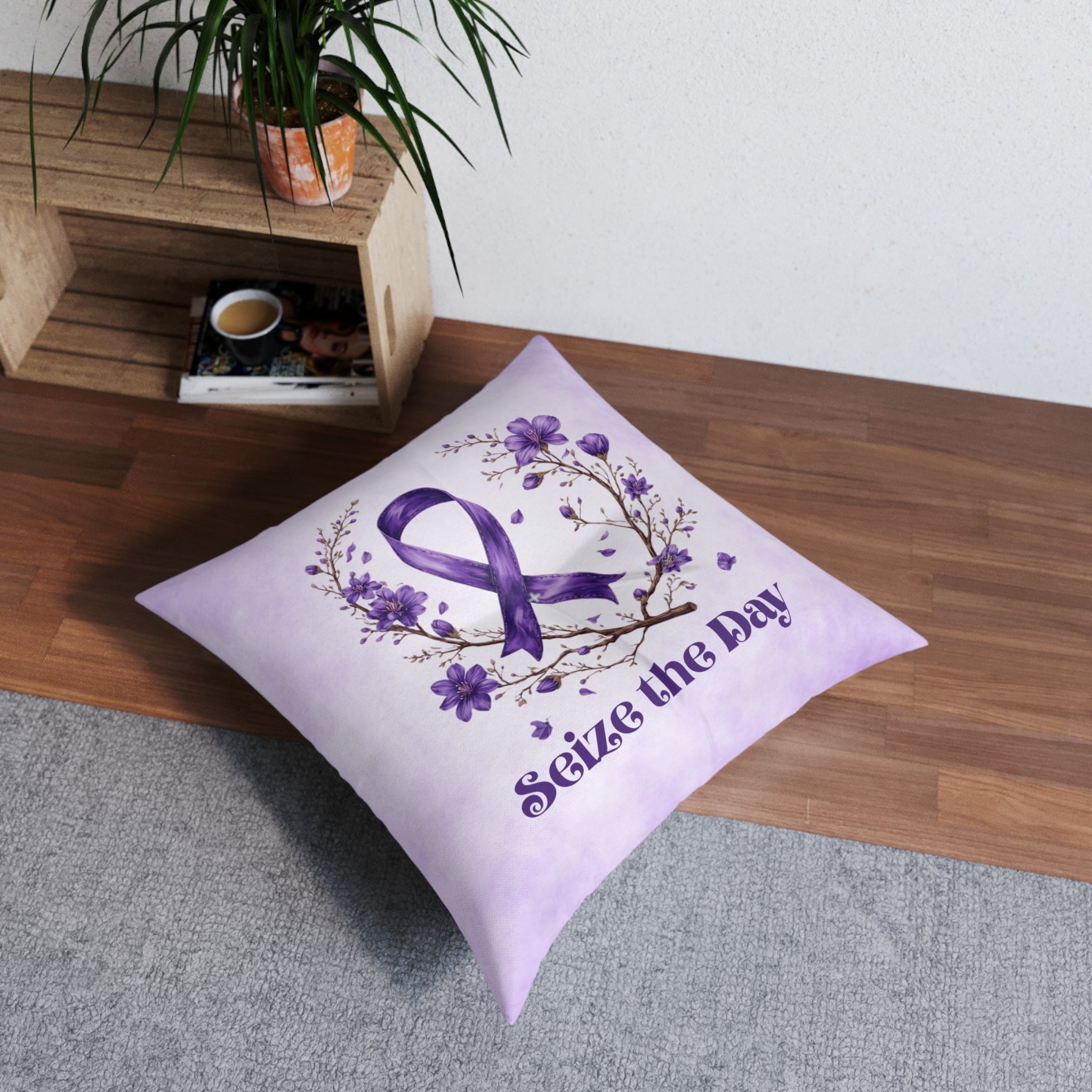 Purple Floral Awareness Tufted Floor Pillow for Epilepsy Support and Comfort