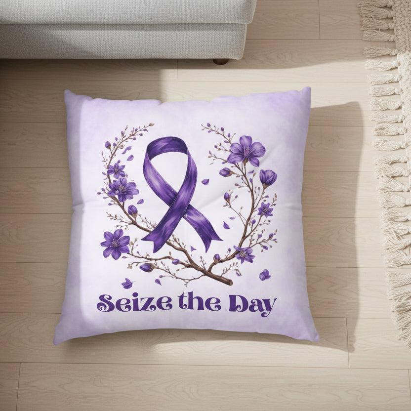 Purple Floral Awareness Tufted Floor Pillow for Epilepsy Support and Comfort