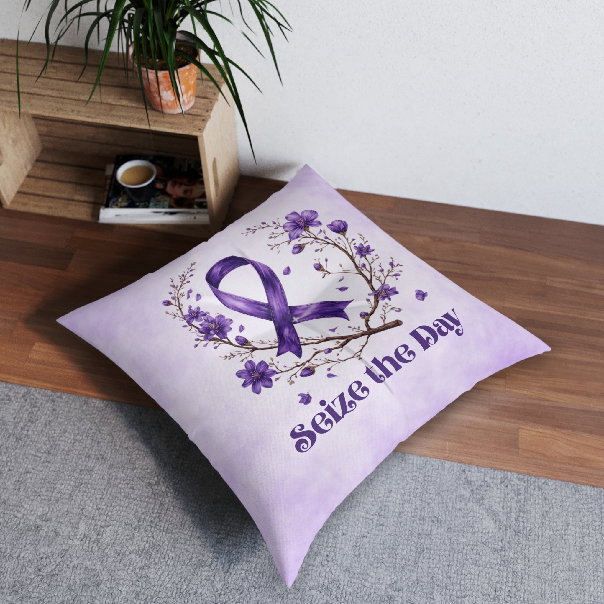 Purple Floral Awareness Tufted Floor Pillow for Epilepsy Support and Comfort
