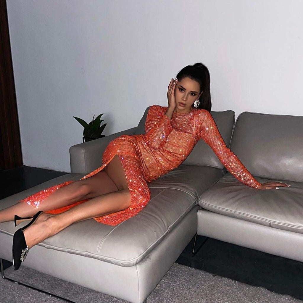 Diamond Dusk Orange Rhinestone Midi Dress