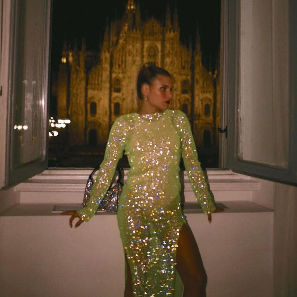 Diamond Dusk Light Green Rhinestone Midi Dress