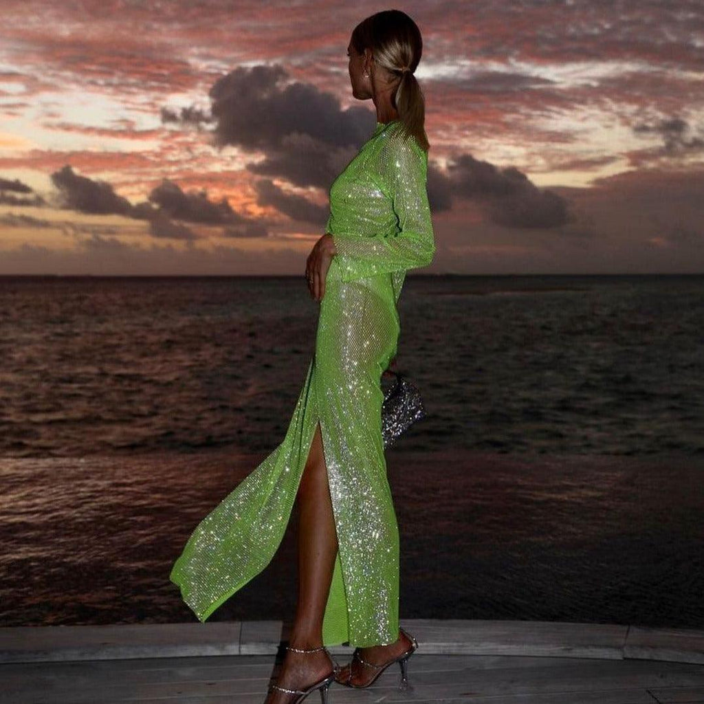 Diamond Dusk Light Green Rhinestone Midi Dress