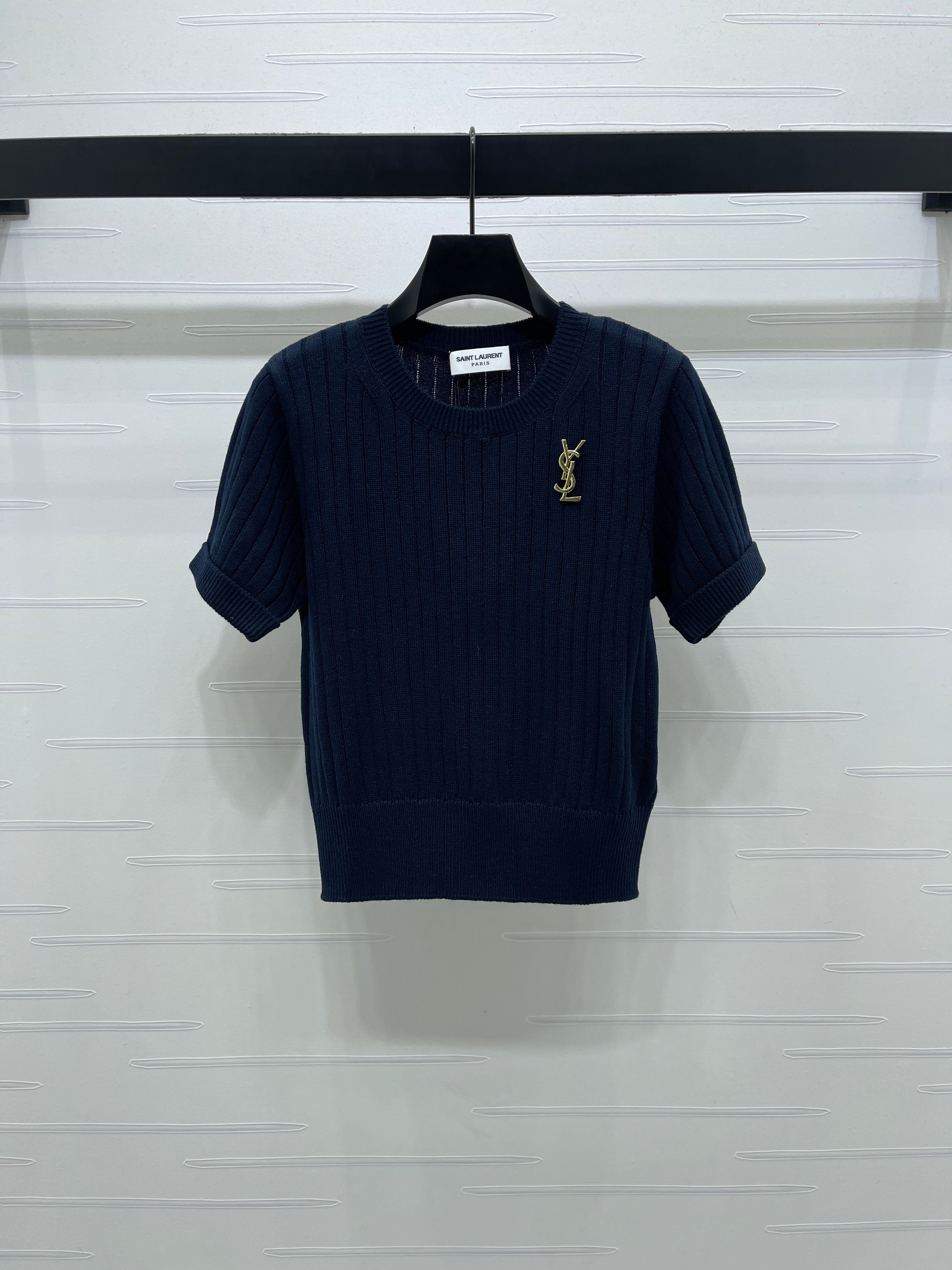 YS Vertical Ribbed Crew Neck Knit Short Sleeve