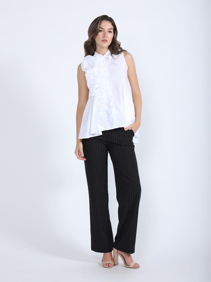 Ruffle Flower Applique Asymmetrical Hem Shirt