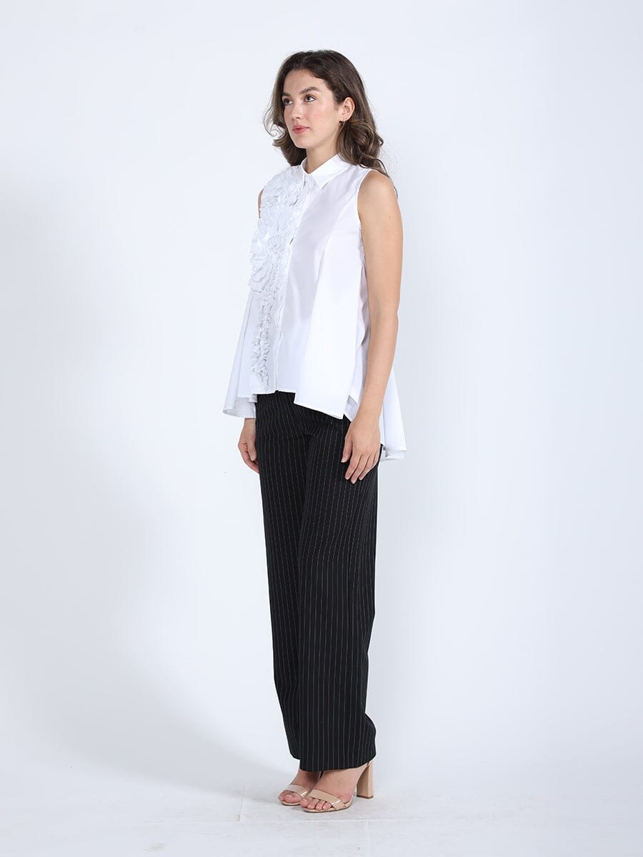 Ruffle Flower Applique Asymmetrical Hem Shirt